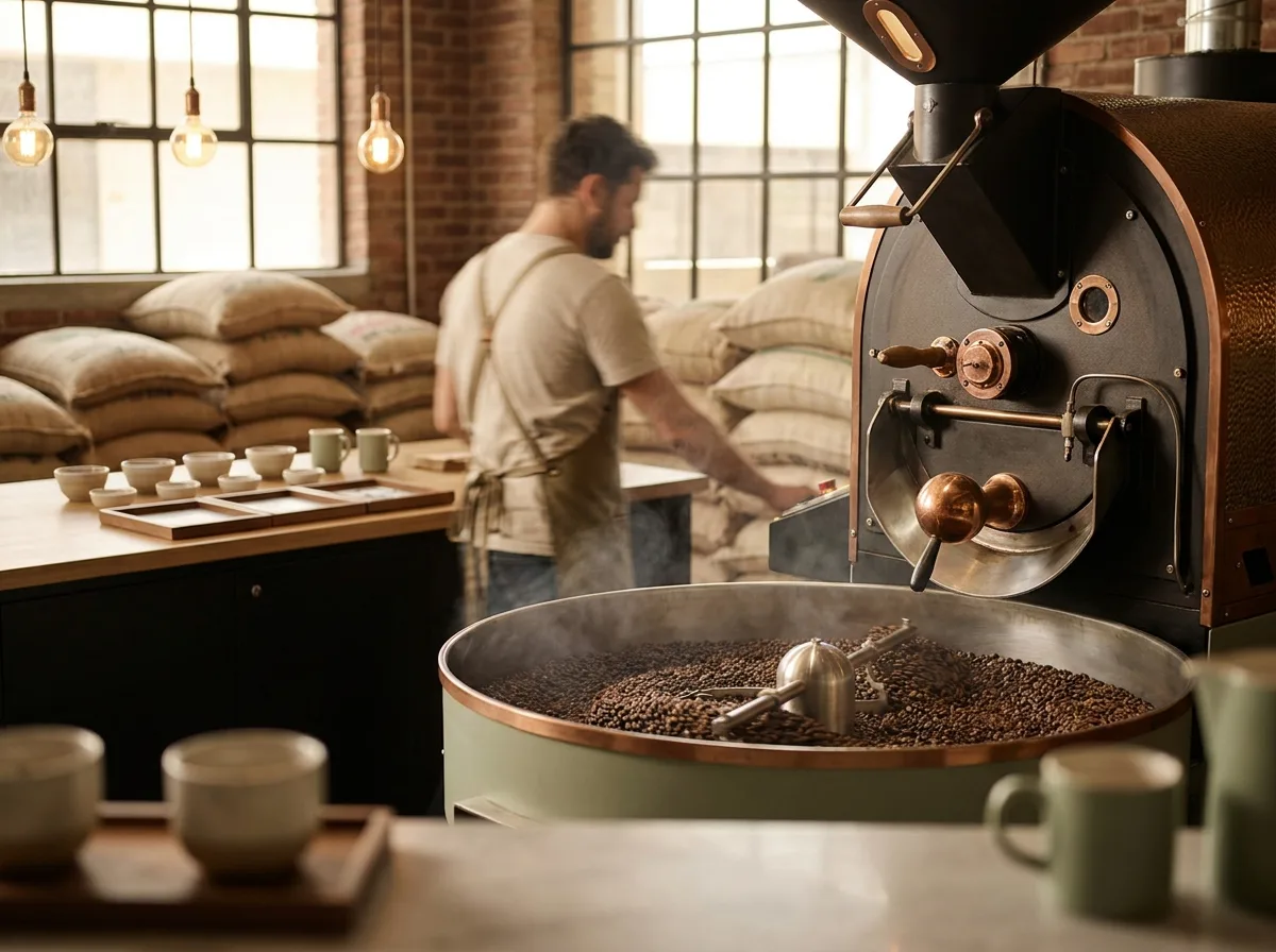 Inside the Alico roastery in Dubai, fresh-roasted beans cooling in the drum roaster