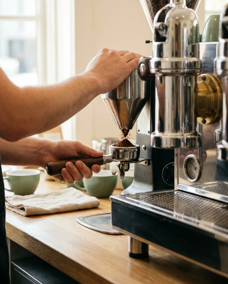 A barista dialling in a professional espresso grinder on a clean cafe bar, fresh ground coffee in the portafilter, warm morning light