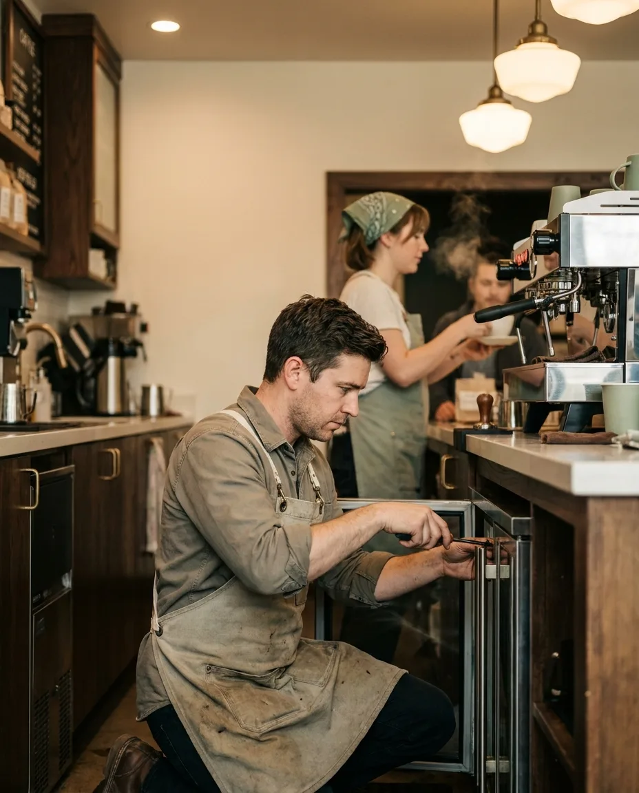 A coffee technician in an apron servicing an espresso machine behind a cafe counter while a barista keeps serving customers