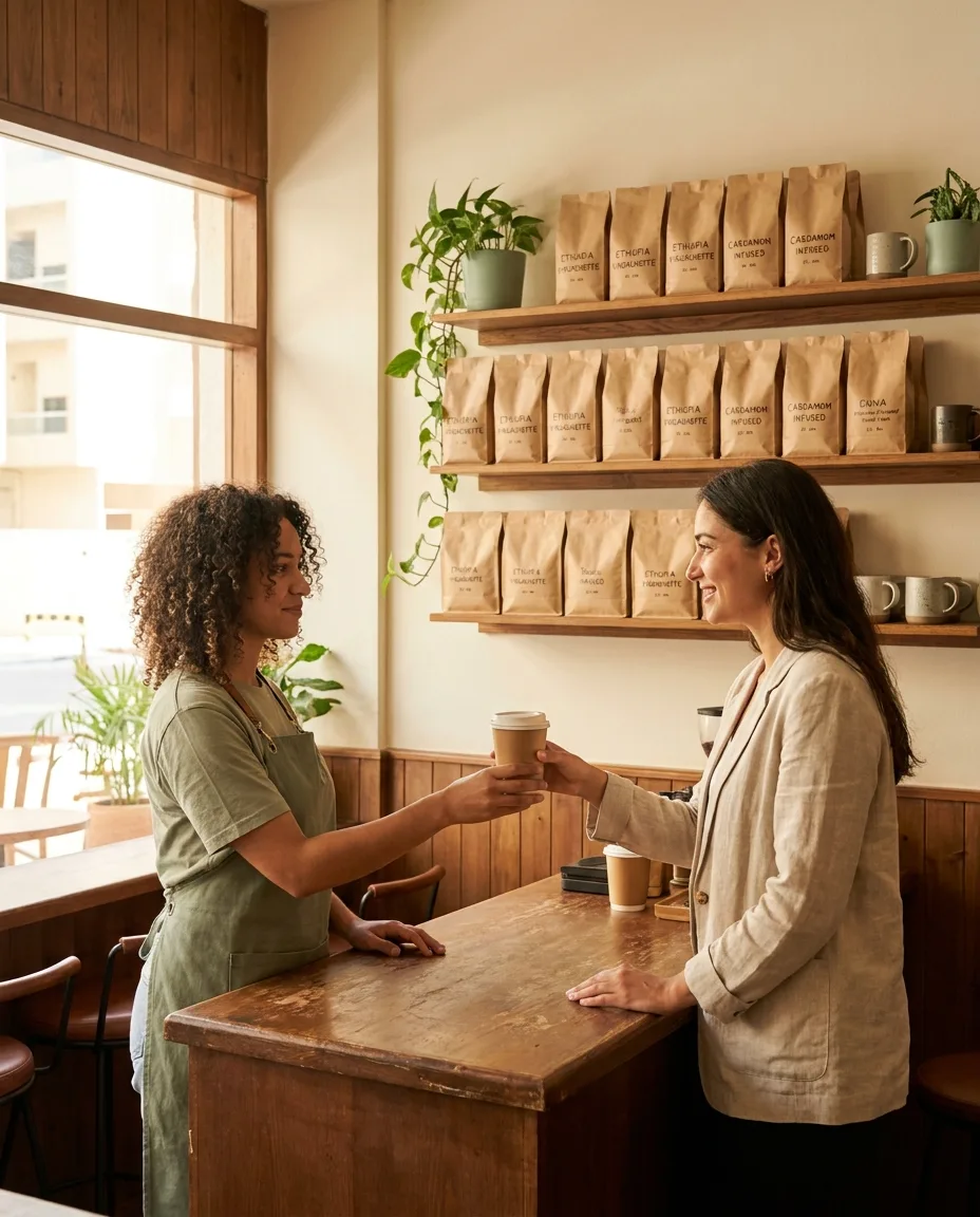 A barista handing a customer a flat white across a warm cafe counter with several labelled single-origin coffee bags on display behind