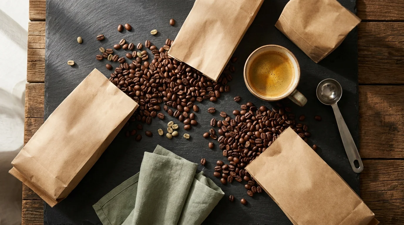 An overhead spread of Alico coffee bags, fresh-roasted beans, a cup of espresso and a scoop on dark slate