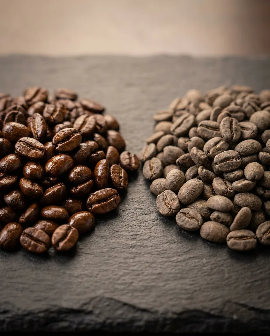 Two piles of coffee beans side by side on a dark surface. Left pile glossy and fresh, right pile dull and faded after months in storage