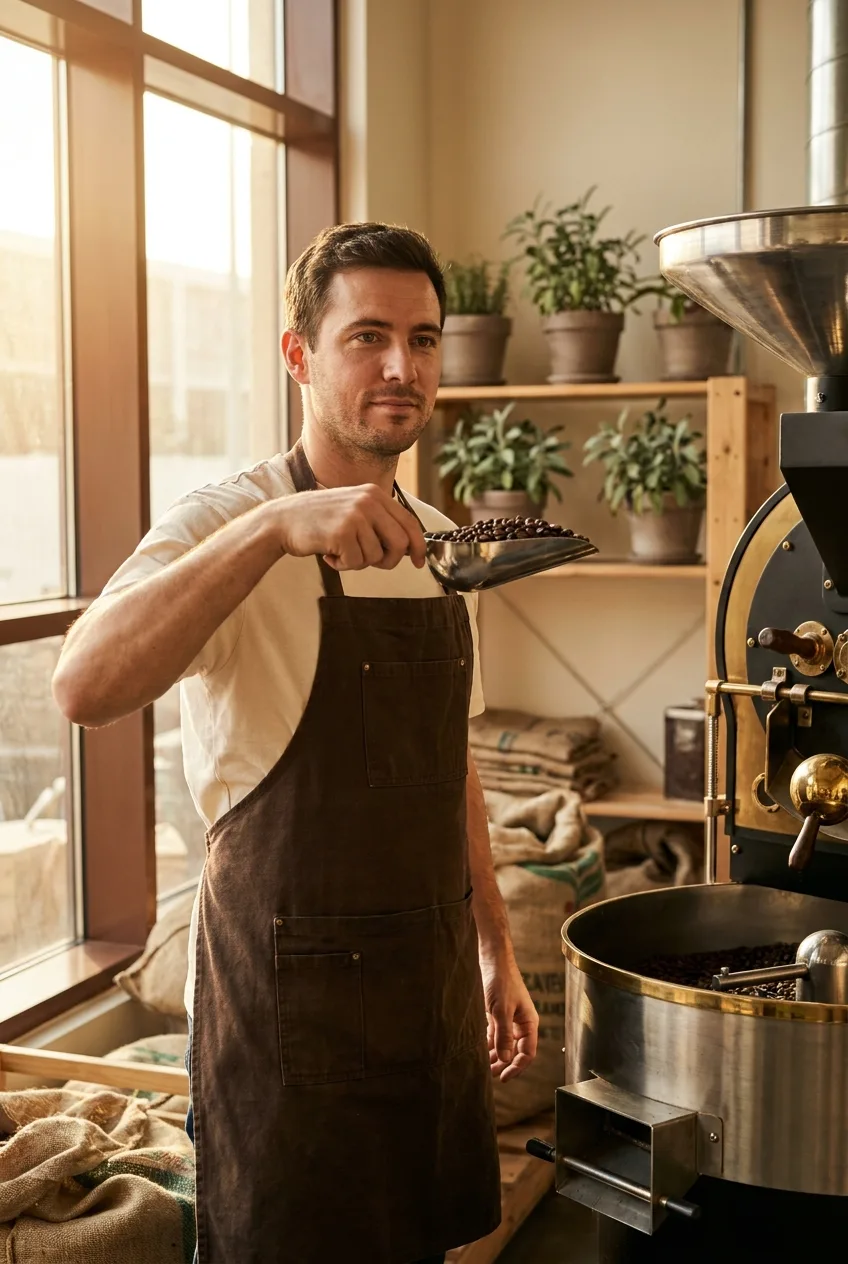 An Alico roaster checking a fresh batch at the roastery